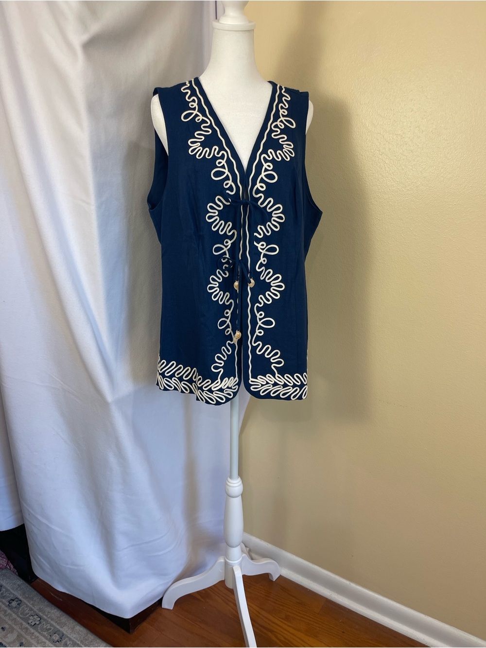 Rachel Zoe Navy Linen Blend Embroidered Long Vest XL Tie Front Boho Resort NWT